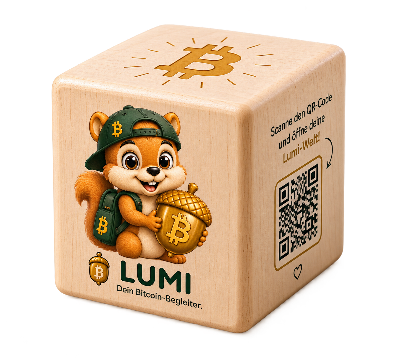 Der Lumi Cube aus Holz mit goldenem Bitcoin-Symbol und QR-Code
