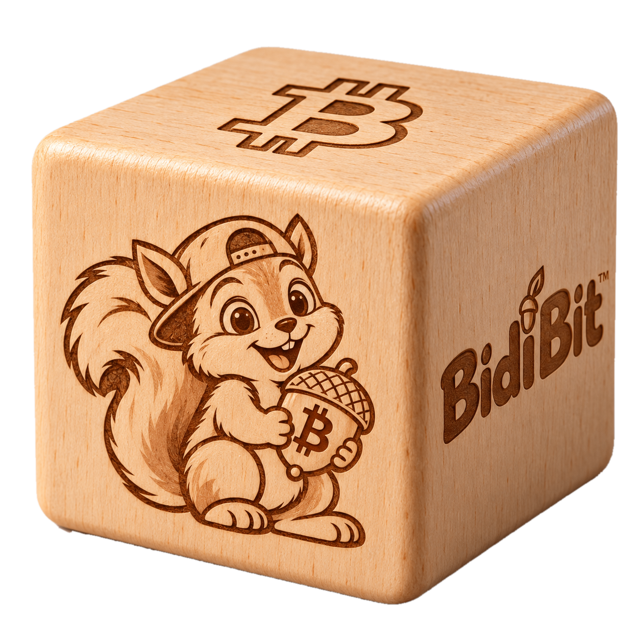 Der BidiBit Cube aus Holz mit goldenem Bitcoin-Symbol und QR-Code